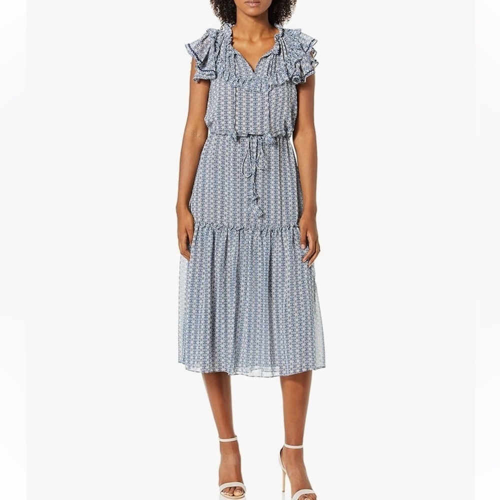 MISA Los Angeles Melissa Dress Blue Geometric Printed Chiffon Ruffled - Picture 2 of 7